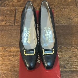 Salvatore Ferragamo Black Leather Flats with Square Toe
